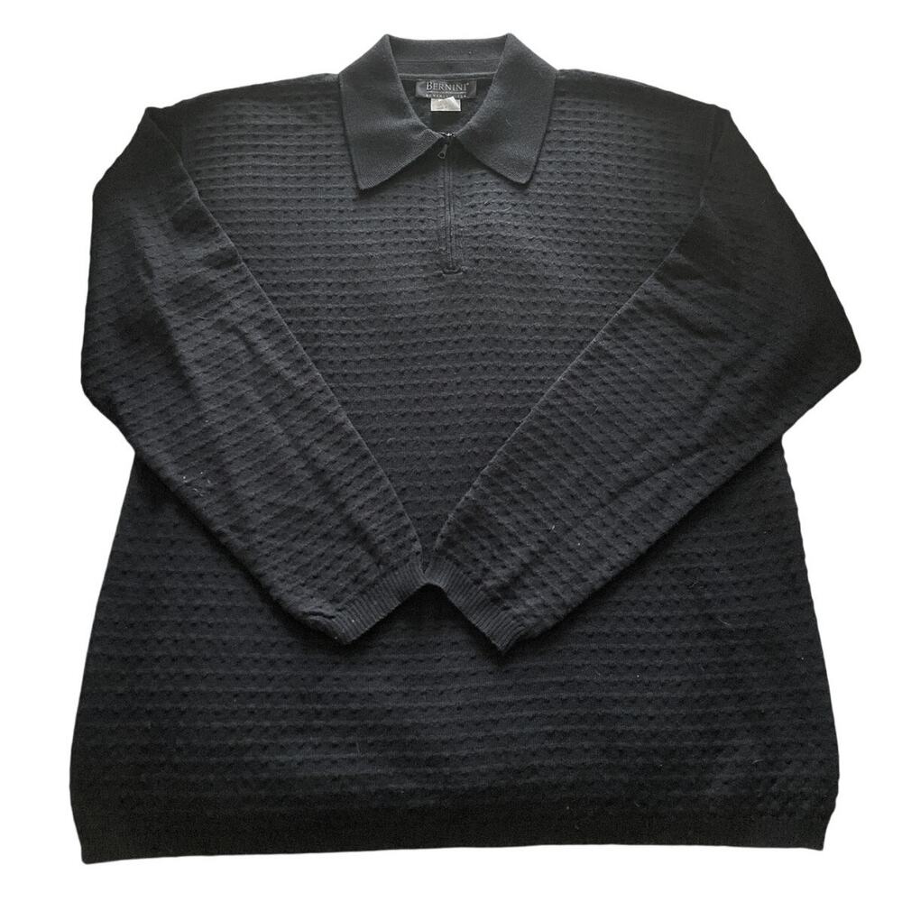 BERNINI Black Signature Merino Wool Quarter Zip Textured Sweater Made in Italy M